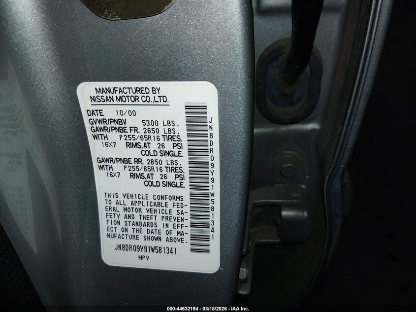 2001 Nissan Pathfinder Le VIN: JN8DR09Y91W581341 Lot: 44632194