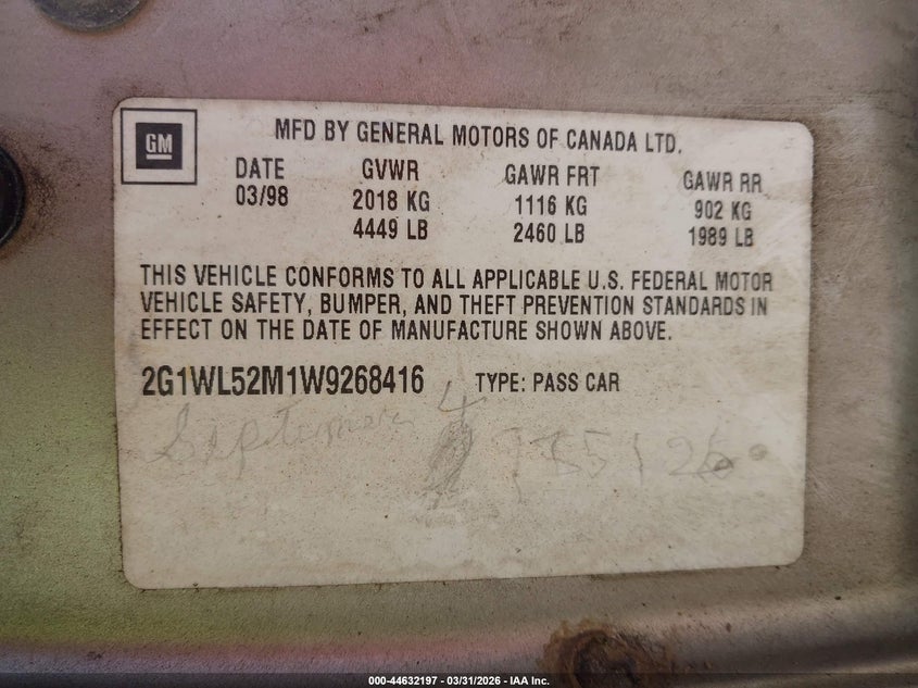 1998 Chevrolet Lumina Ls VIN: 2G1WL52M1W9268416 Lot: 44632197