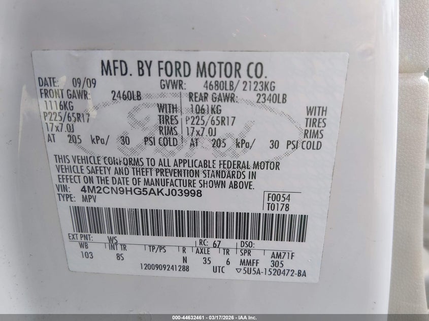 2010 Mercury Mariner Premier VIN: 4M2CN9HG5AKJ03998 Lot: 44632461