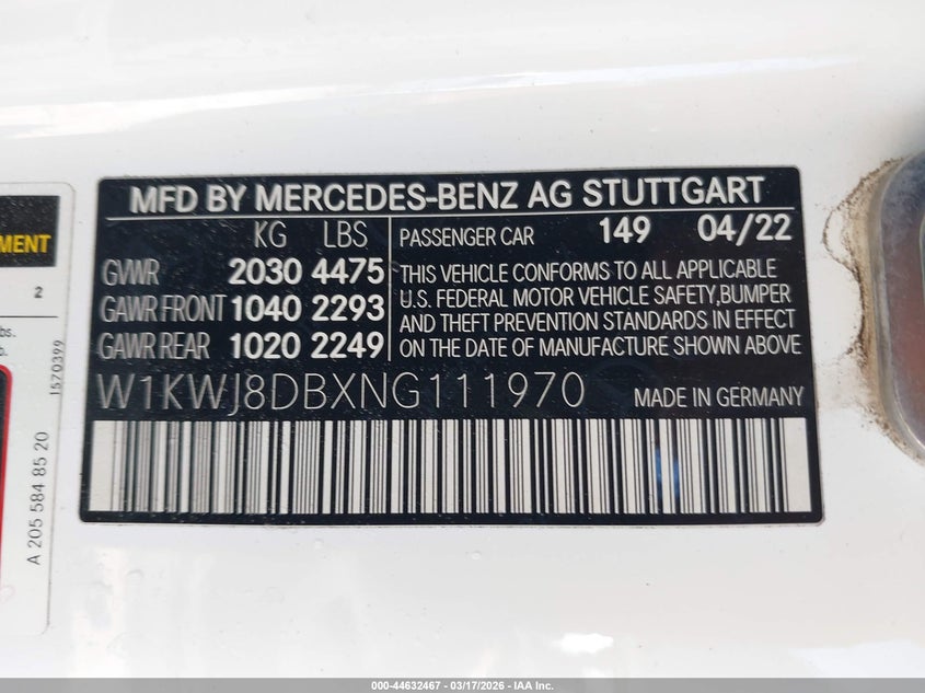 2022 Mercedes-Benz C 300 Coupe VIN: W1KWJ8DBXNG111970 Lot: 44632467