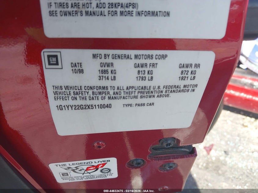 1999 Chevrolet Corvette VIN: 1G1YY22G2X5110040 Lot: 44632475