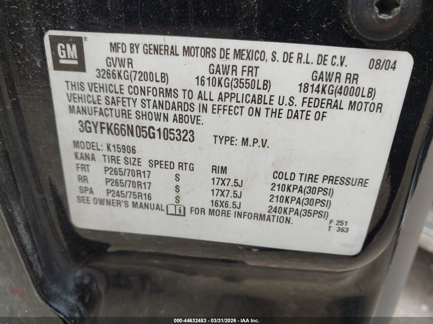 2005 Cadillac Escalade Esv Standard VIN: 3GYFK66N05G105323 Lot: 44632483