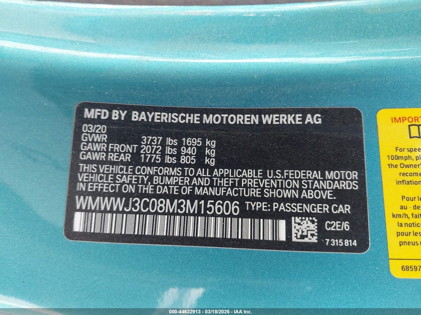 2021 Mini Convertible Cooper VIN: WMWWJ3C08M3M15606 Lot: 44632913