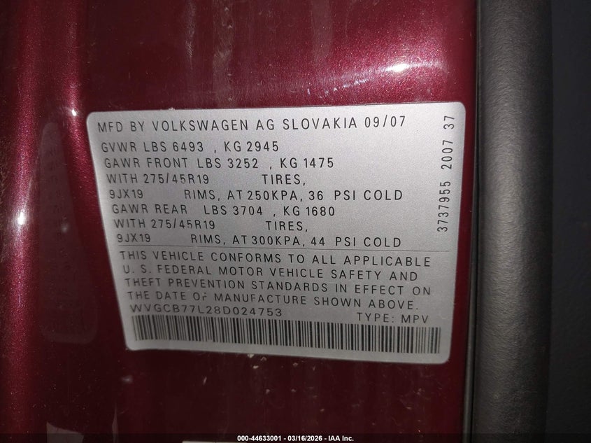 2008 Volkswagen Touareg 2 V8 Fsi VIN: WVGCB77L28D024753 Lot: 44633001