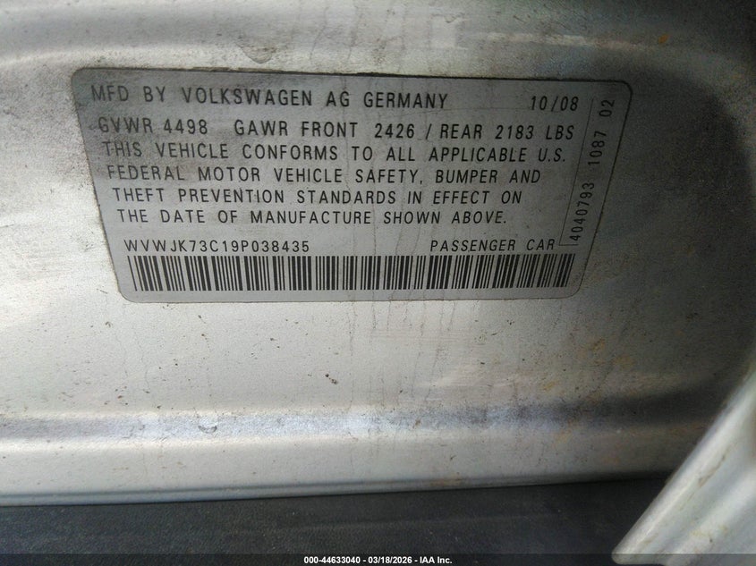 2009 Volkswagen Passat Komfort VIN: WVWJK73C19P038435 Lot: 44633040