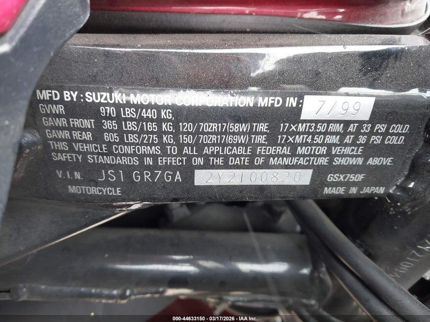 2000 Suzuki Gsx750 F VIN: JS1GR7GA2Y2100820 Lot: 44633150