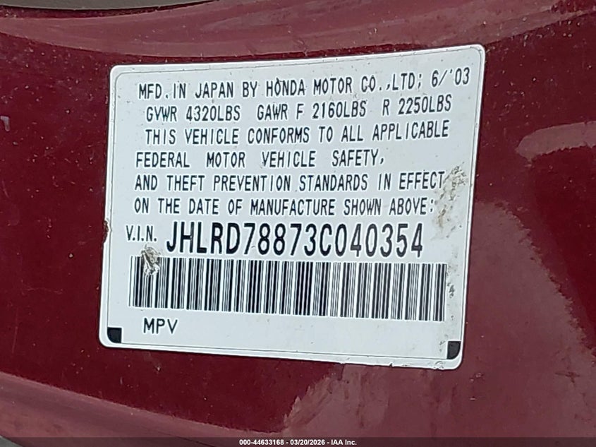 HONDA CR-V 2003 VIN JHLRD78873C040354
