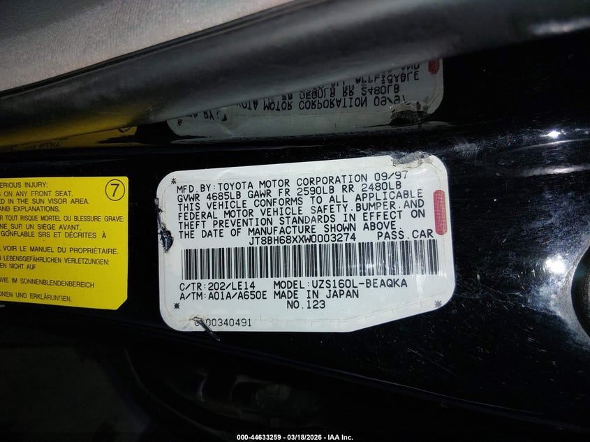 1998 Lexus Gs 400 VIN: JT8BH68XXW0003274 Lot: 44633259