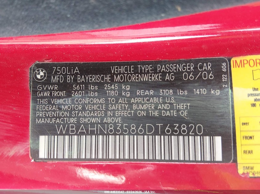 2006 BMW 750Li VIN: WBAHN83586DT63820 Lot: 44633342
