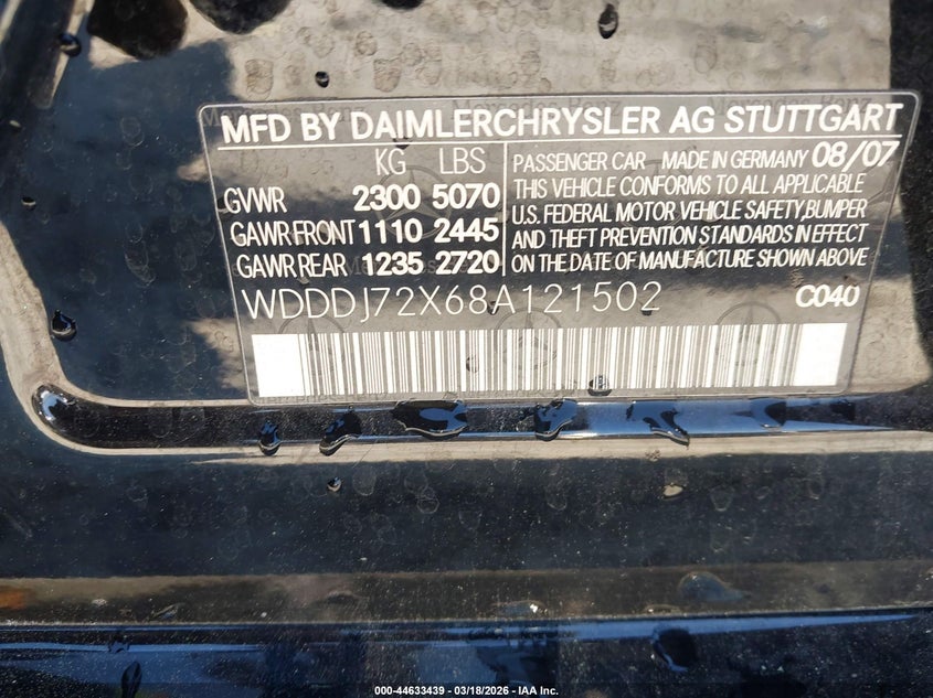2008 Mercedes-Benz Cls 550 VIN: WDDDJ72X68A121502 Lot: 44633439