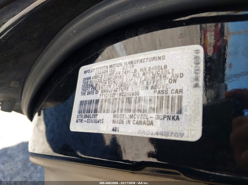 1999 Toyota Camry Solara Sle VIN: 2T1CF22P1XC260635 Lot: 44633508