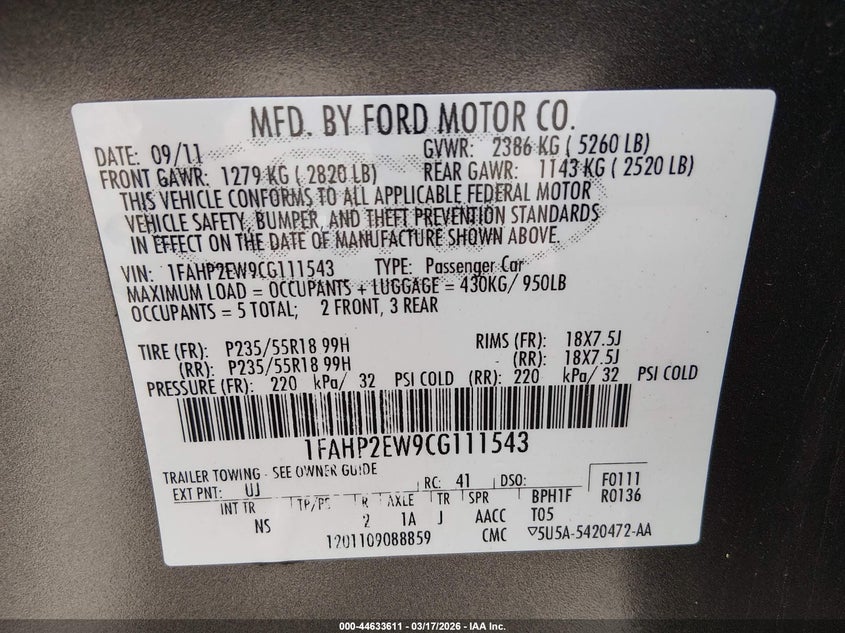 2012 Ford Taurus 3.5 Sel grey Lot 111044633611 Vin 1FAHP2EW9CG111543