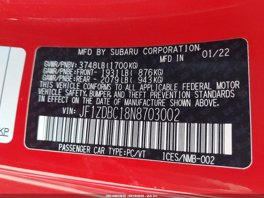 2022 Subaru Brz Premium VIN: JF1ZDBC18N8703002 Lot: 44633638