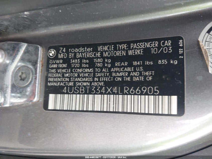 2004 BMW Z4 2.5I VIN: 4USBT334X4LR66905 Lot: 44633677