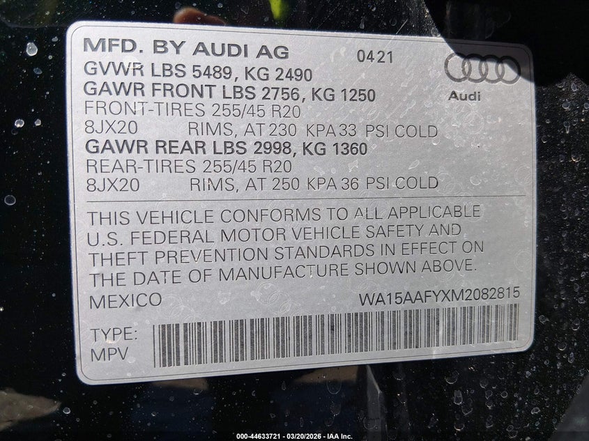 2021 Audi Q5 Sportback Premium Plus 45 Tfsi Quattro S Tronic VIN: WA15AAFYXM2082815 Lot: 44633721