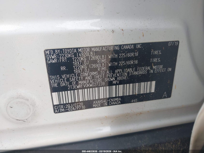 VIN 2T3EWRFV0KW027239 2019 TOYOTA RAV4 HYBRID XSE