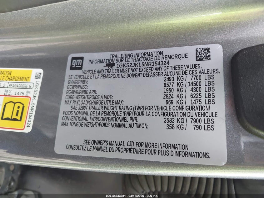 2022 GMC Yukon Xl Denali VIN: 1GKS2JKL5NR154324 Lot: 44633981