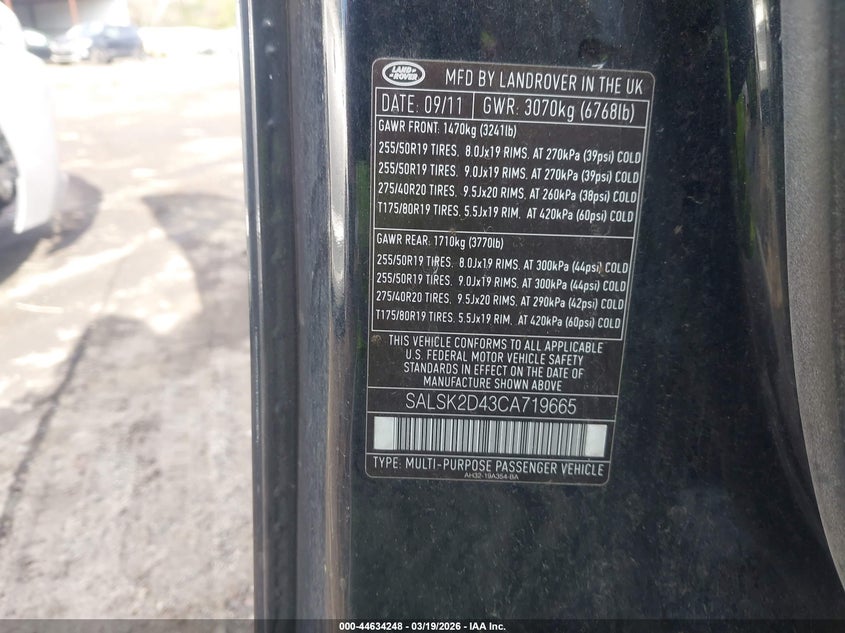 2012 Land Rover Range Rover Sport Hse VIN: SALSK2D43CA719665 Lot: 44634248
