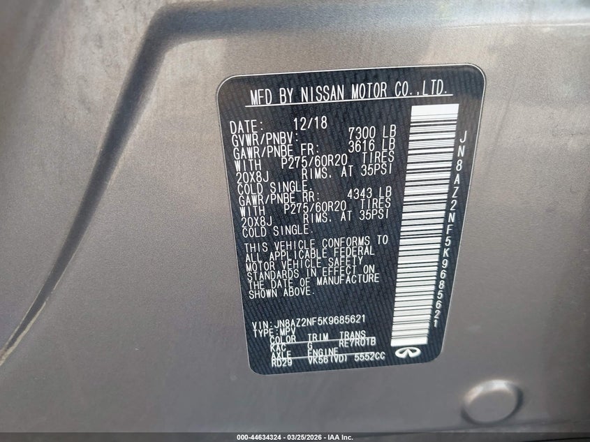 2019 Infiniti Qx80 Luxe VIN: JN8AZ2NF5K9685621 Lot: 44634324