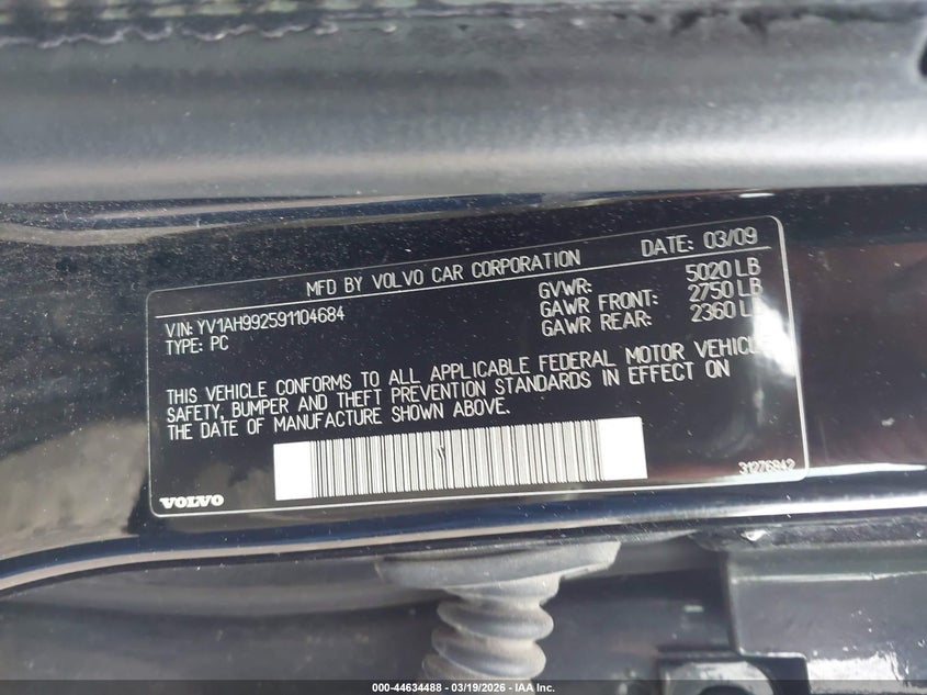 2009 Volvo S80 T6 VIN: YV1AH992591104684 Lot: 44634488