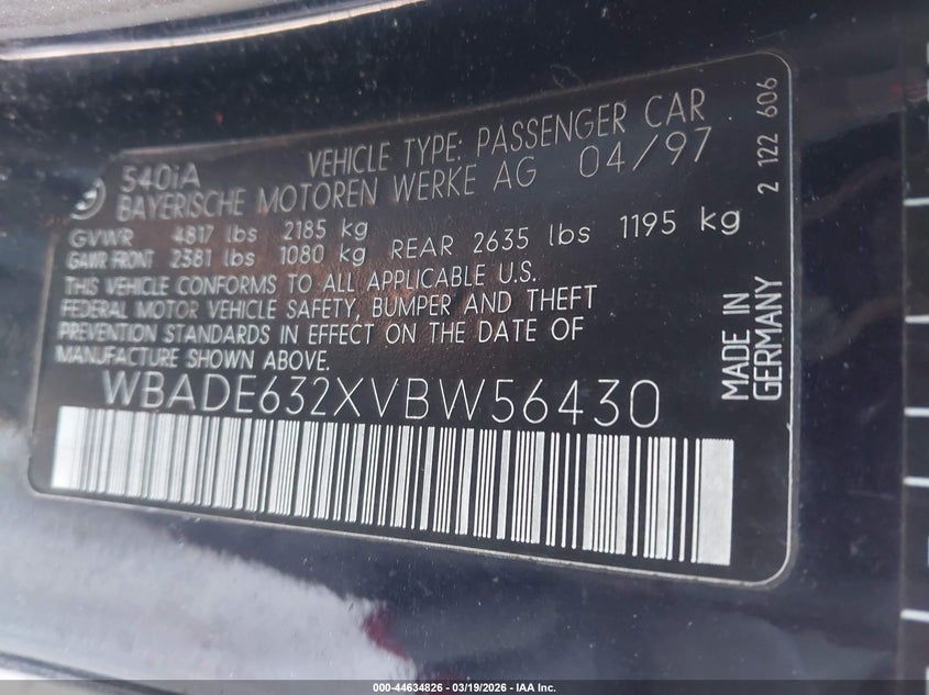1997 BMW 540Ia VIN: WBADE632XVBW56430 Lot: 44634826