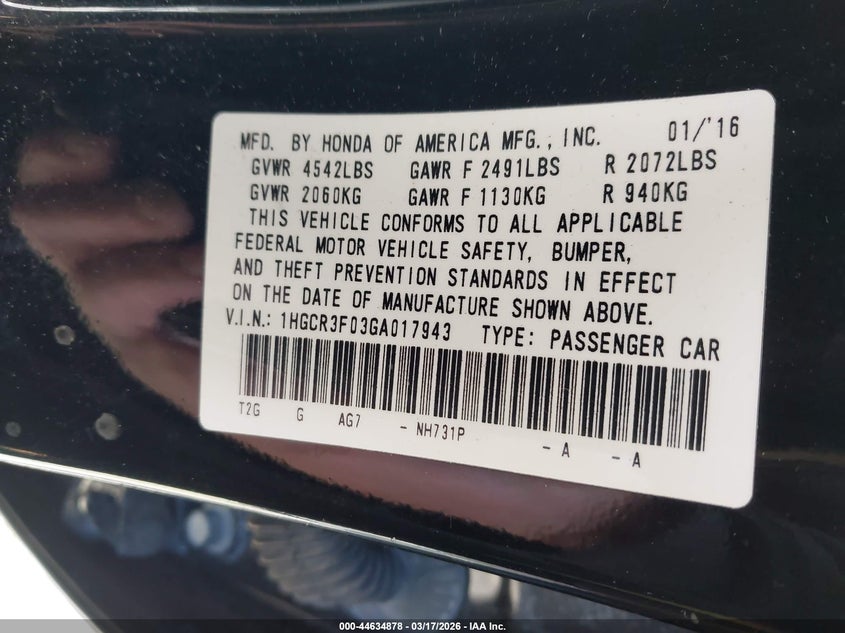 2016 HONDA ACCORD EX-L V-6 — Photo 9