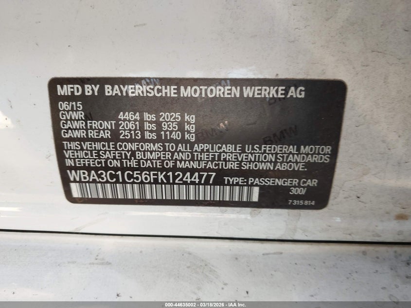2015 BMW 328I VIN: WBA3C1C56FK124477 Lot: 44635002