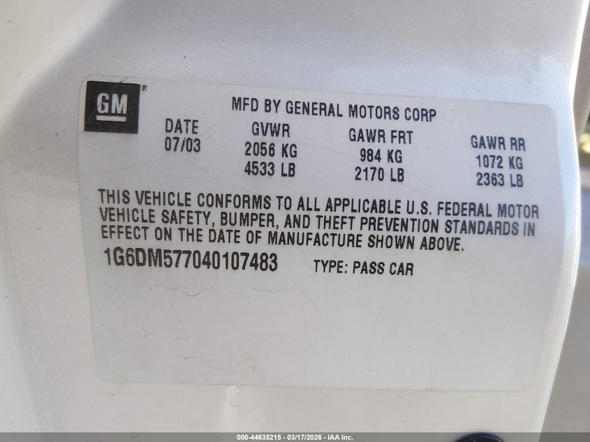 2004 Cadillac Cts Standard VIN: 1G6DM577040107483 Lot: 44635215