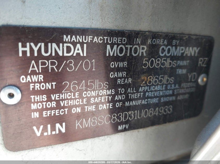 2001 Hyundai Santa Fe 2.7L V6 Gls/2.7L V6 Lx VIN: KM8SC83D31U084933 Lot: 44635299