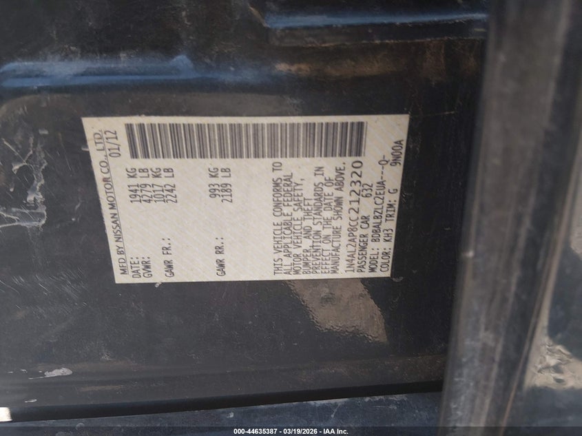 2012 NISSAN ALTIMA SEDAN 2.5L I-4 DOHC, VVT, 175HP