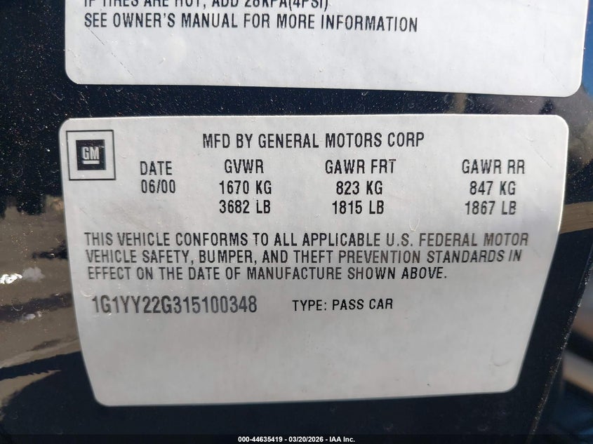 2001 Chevrolet Corvette VIN: 1G1YY22G315100348 Lot: 44635419