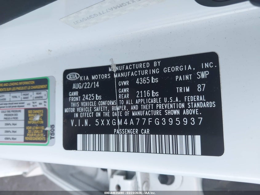 2015 KIA OPTIMA SEDAN 2.4L I-4 DI, DOHC, VVT, 192HP