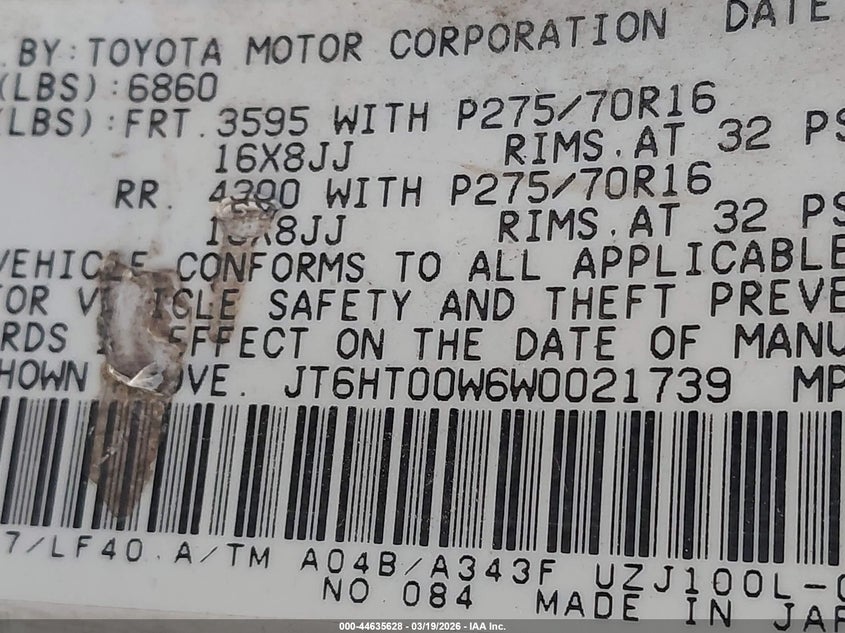 1998 Lexus Lx 470 VIN: JT6HT00W6W0021739 Lot: 44635628