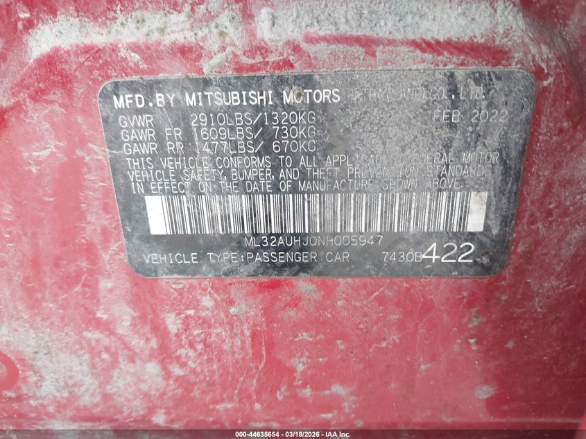 2022 Mitsubishi Mirage Es/Le VIN: ML32AUHJ0NH005947 Lot: 44635654