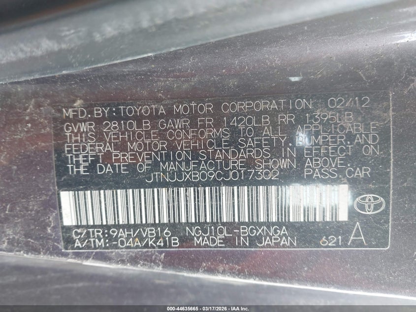 2012 Scion Iq VIN: JTNJJXB09CJ017302 Lot: 44635665