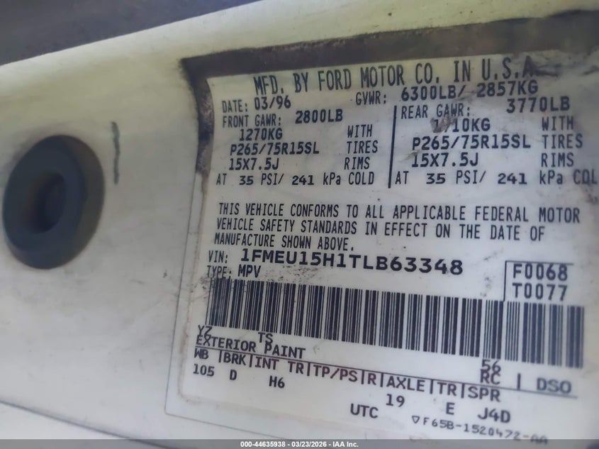 1996 Ford Bronco U100 VIN: 1FMEU15H1TLB63348 Lot: 44635938