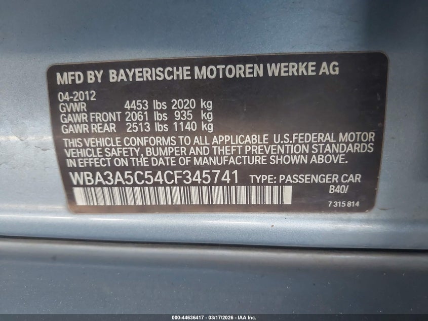 2012 BMW 3er 2.0 328I blue Lot 111044636417 Vin WBA3A5C54CF345741