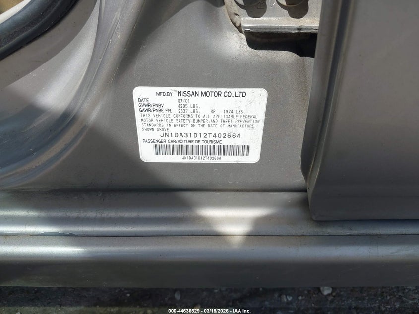2002 Nissan Maxima Gle VIN: JN1DA31D12T402664 Lot: 44636529