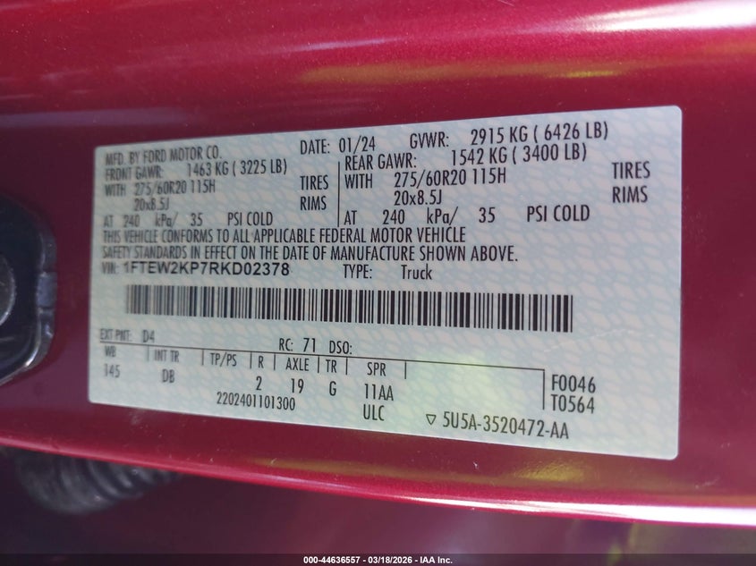 VIN 1FTEW2KP7RKD02378 2024 FORD F-150 STX