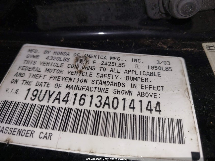 2003 Acura Cl 3.2 Type S Manual VIN: 19UYA41613A014144 Lot: 44636601