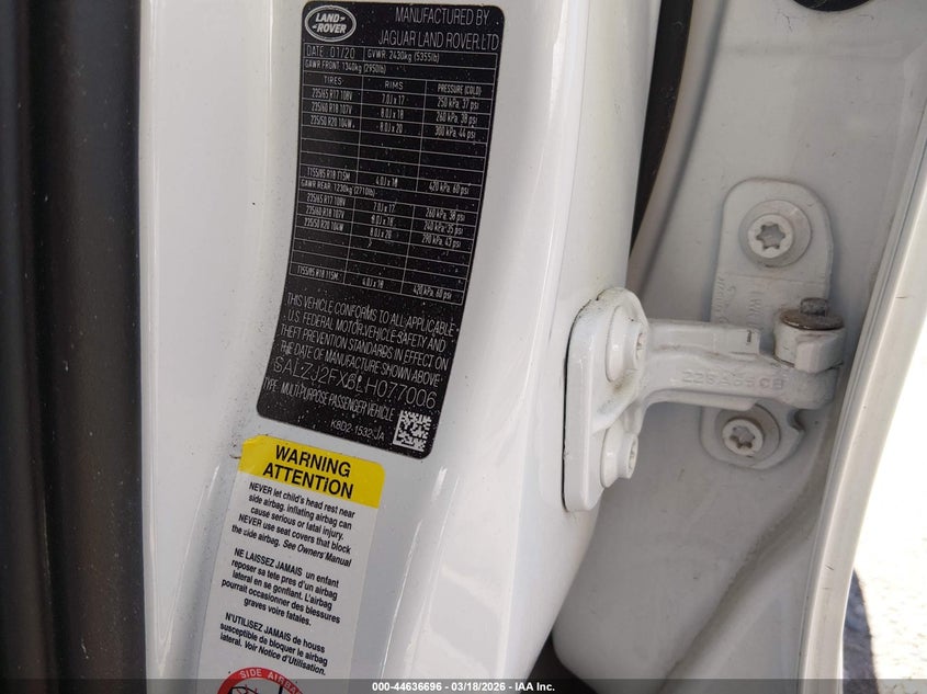 2020 Land Rover Range Rover Evoque S VIN: SALZJ2FX6LH077006 Lot: 44636696