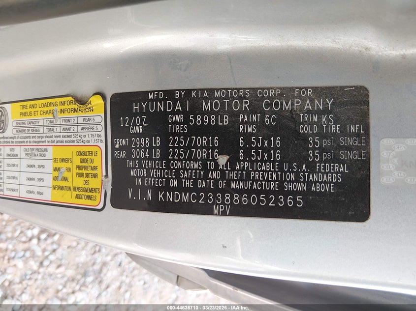 2008 Hyundai Entourage Gls/Limited VIN: KNDMC233886052365 Lot: 44636710