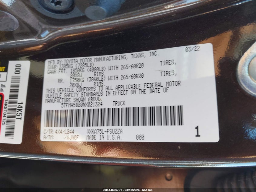 2022 Toyota Tundra 1794 Edition VIN: 5TFMA5DB0NX021324 Lot: 44636791