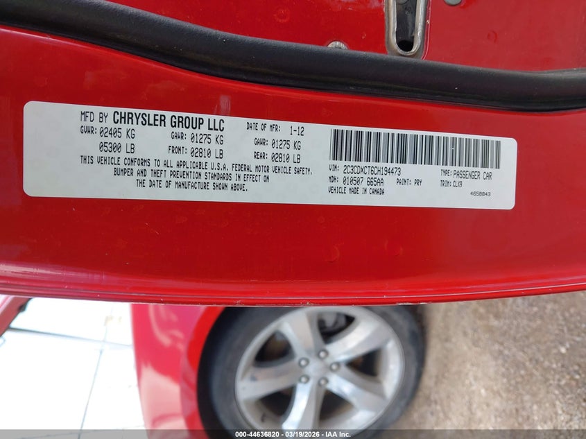 2C3CDXCT6CH194473 2012 Dodge Charger 5.7 R/T red