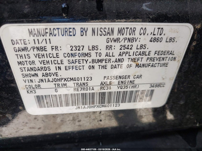 2012 Infiniti Ex35 Journey VIN: JN1AJ0HPXCM401123 Lot: 44637109