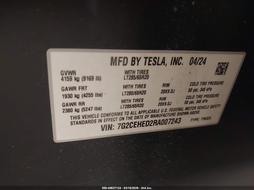 2024 Tesla Cybertruck All-Wheel Drive VIN: 7G2CEHED2RA007243 Lot: 44637124