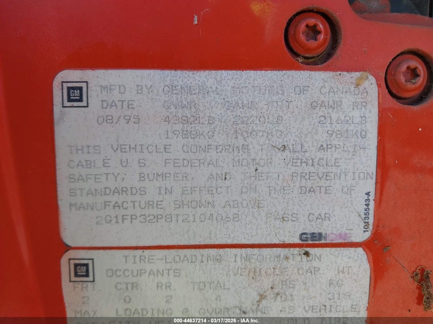 1996 Chevrolet Camaro Z28 VIN: 2G1FP32P8T2104068 Lot: 44637214