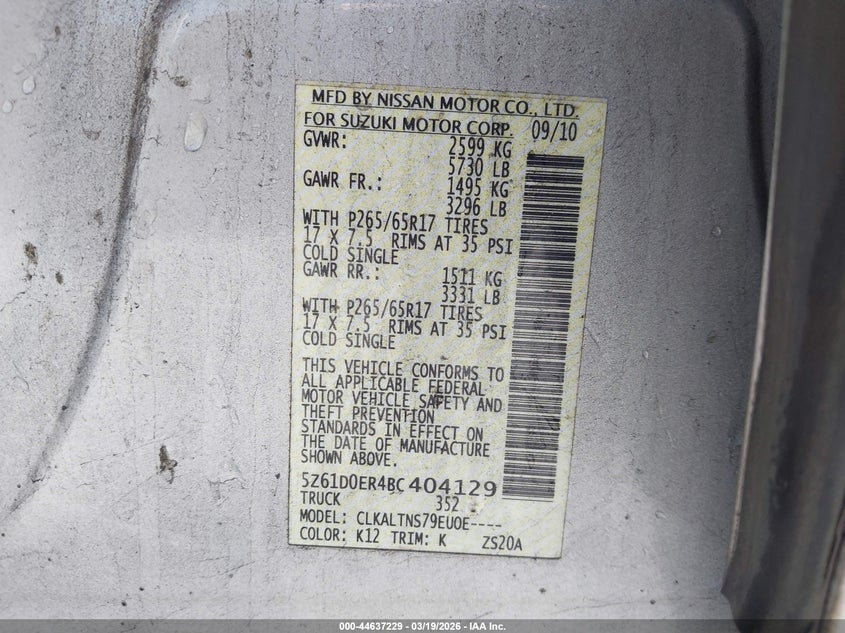 2011 Suzuki Equator Sport VIN: 5Z61D0ER4BC404129 Lot: 44637229