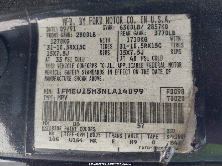 1992 Ford Bronco U100 VIN: 1FMEU15H3NLA14099 Lot: 44637279