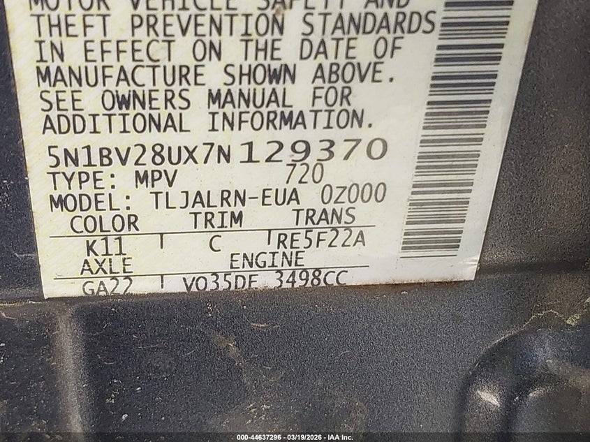 2007 Nissan Quest 3.5 VIN: 5N1BV28UX7N129370 Lot: 44637296